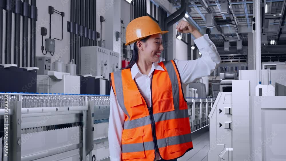 Asian Female Engineer With Safety Helmet Flexing Her Bicep And Smiling To Camera With Water Production in Bottling Factory Asian Female Engineer With Safety Helmet Flexing Her Bicep And Smiling To Camera With Water Production in Bottling Factory