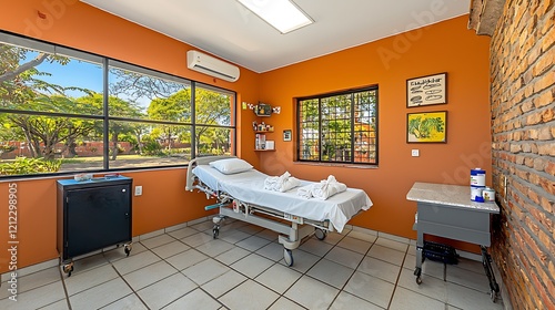 An empty hospital bed with freshly made white linens, in a spacious, bright room with clean walls and a gentle stream of natural light