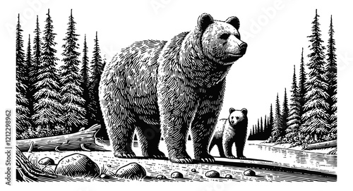 mother bear and her cub walking together engraving black and white outline