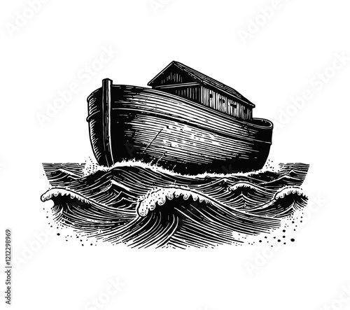 wooden ark floating on the water during a heavy storm engraving black and white outline