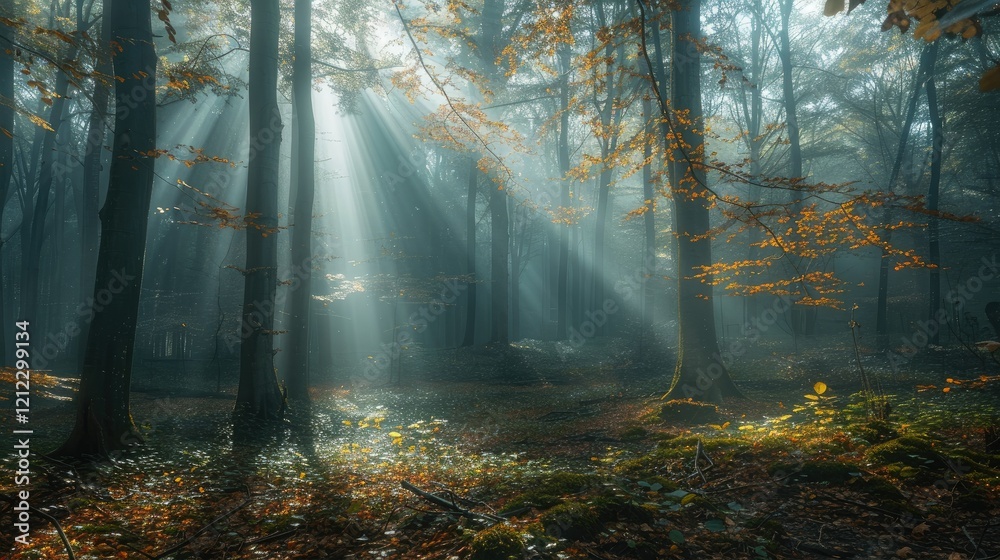 Fototapeta premium Sunlight streaming through dense fog in a forest