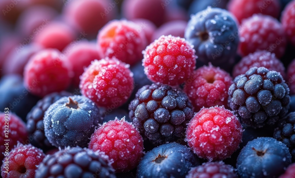 Freshly frozen mixed berries on display Freshly frozen mixed berries on display