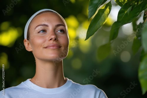 A confident woman stands peacefully in nature, exuding tranquility and contentment against a lush green backdrop that symbolizes connection with the environment. photo