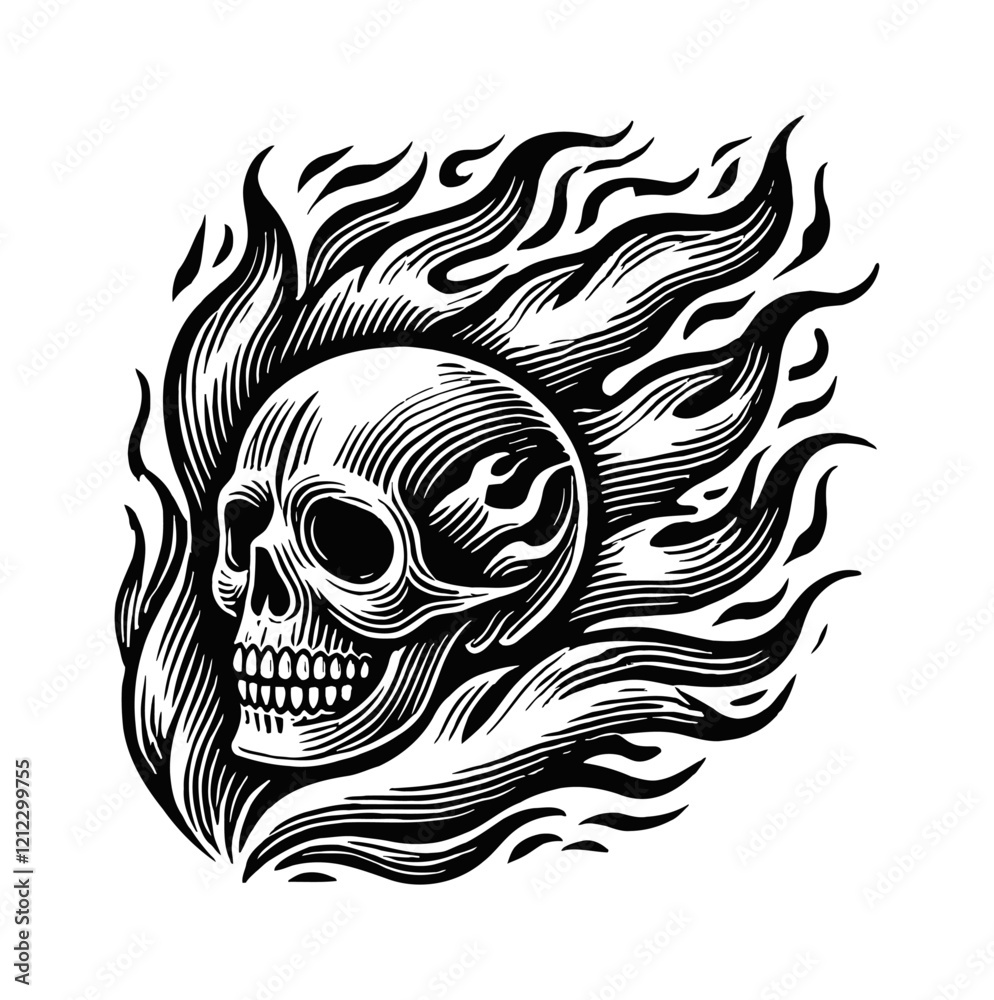 Obraz premium skull fire flame engraving black and white outline