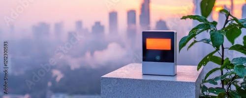 Air quality monitor displaying hazardous levels against a foggy cityscape, PM 2.5 impact