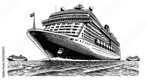 cruise ship engraving black and white outline