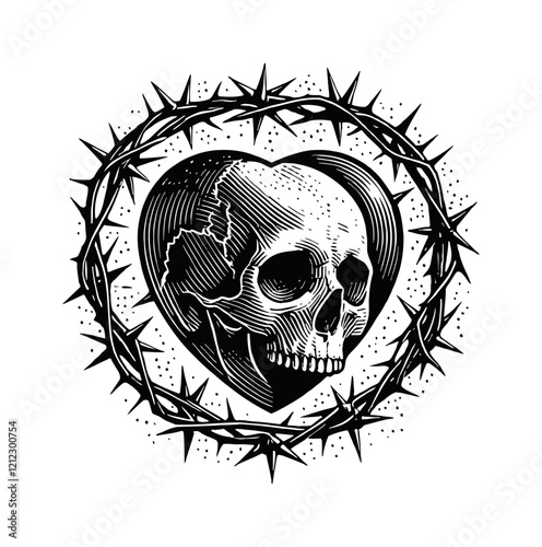 skull love thorny branches engraving black and white outline