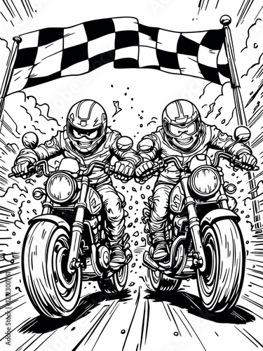 Two motorcyclists crossing the finish line and winning a race