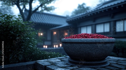 A serene garden scene featuring a stone bowl filled with red flowers amidst a tranquil setting.
