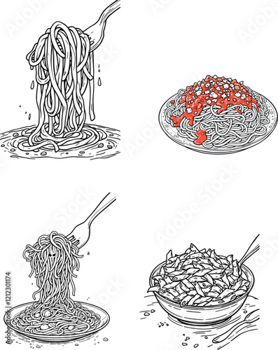 Fork twirling spaghetti and penne pasta dishes, a culinary illustration
