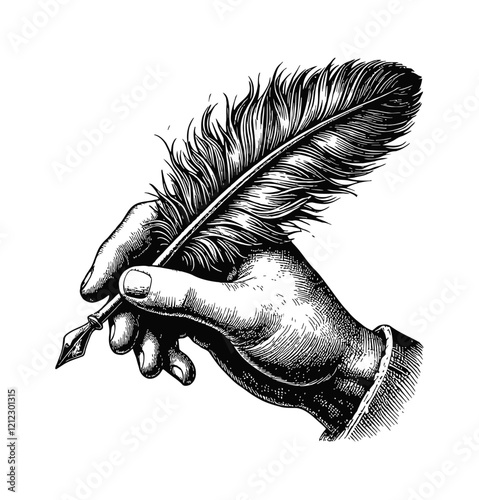 hand holding quill feather pen engraving black and white outline