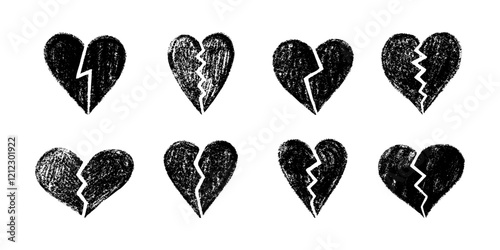 Hand-drawn crayon broken hearts set in black and white style
