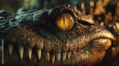 Close-up of a crocodile's eye and teeth.