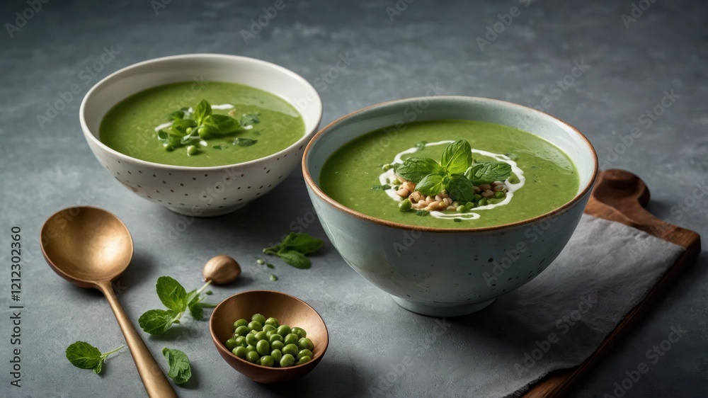 Two bowls of green soup garnished with herbs and peas on a textured surface. Two bowls of green soup garnished with herbs and peas on a textured surface.