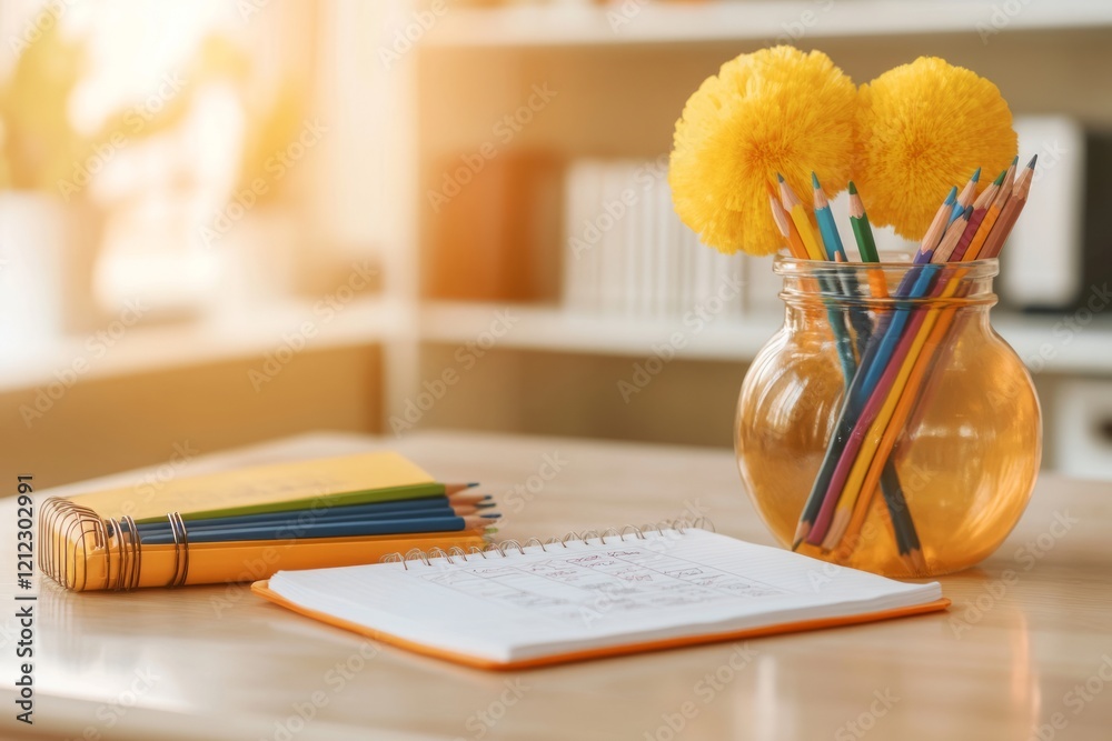 Open notebook laying beside colorful pencils in flower decorated jar, illuminating creative workspace with warm, inviting light for artistic endeavors