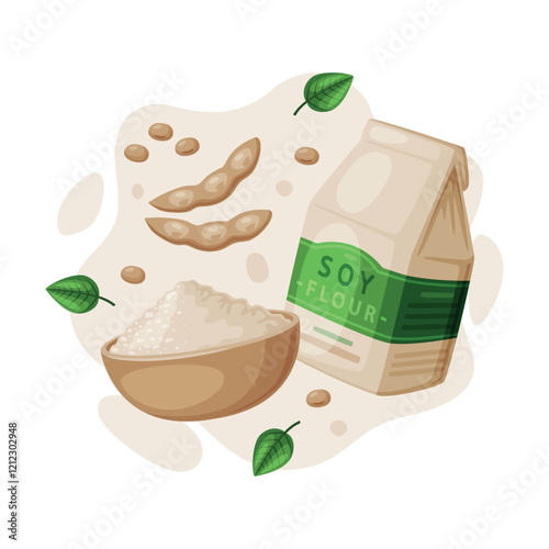 Natural Soy Products from Soybean Plant with Flour in Bowl Vector Composition