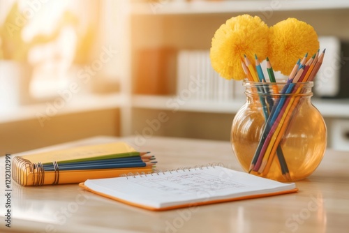 Obraz na płótnie Open notebook laying beside colorful pencils in flower decorated jar, illuminating creative workspace with warm, inviting light for artistic endeavors w salonie