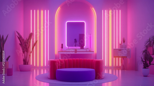 Neon-lit Room with Modern Seating and Vanity