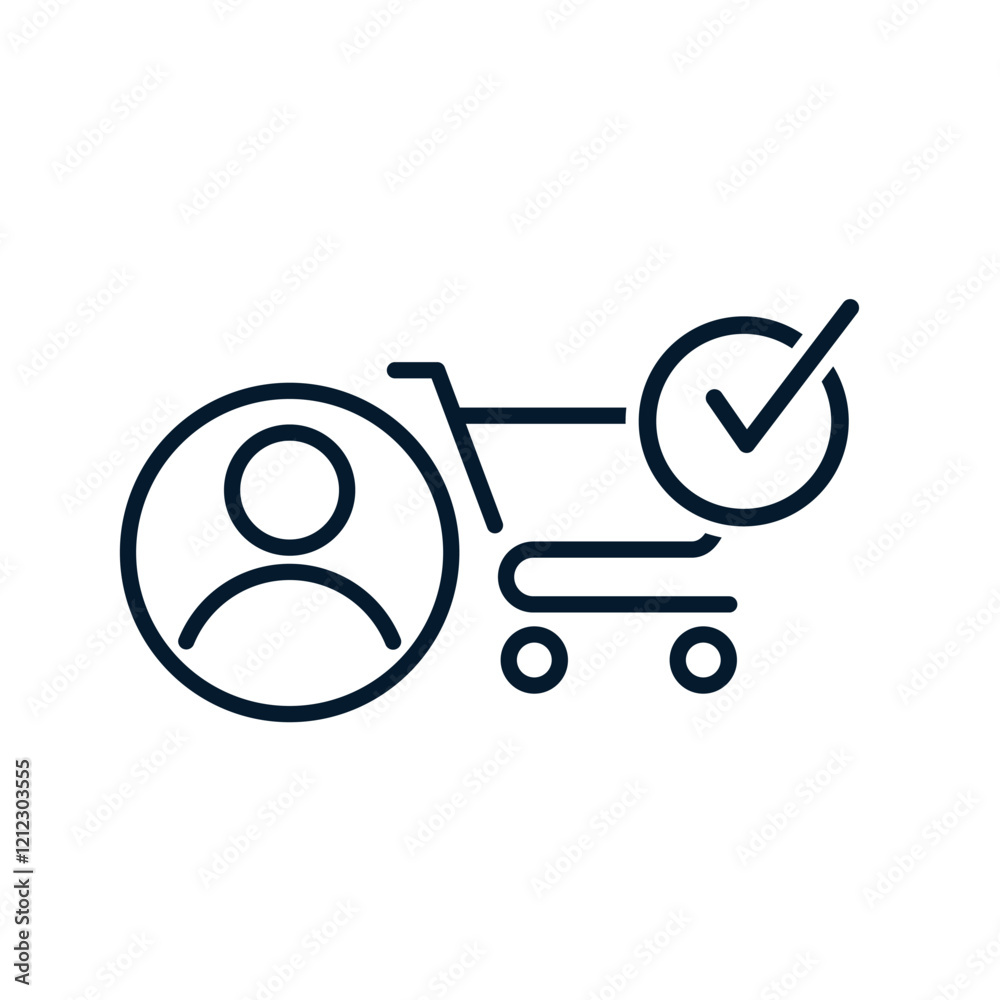 Man, cart, check mark. Online shopping concept. Vector linear icon isolated on white background. Man, cart, check mark. Online shopping concept. Vector linear icon isolated on white background.