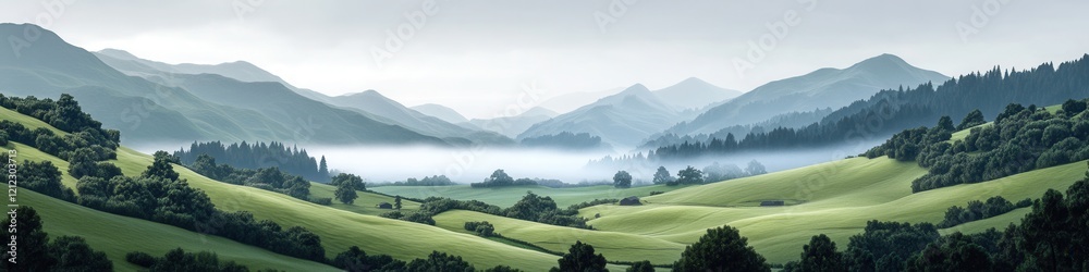 Serene New Zealand Morning, tranquil rolling hills, misty valleys, charming sheep farms dotting the vibrant countryside Serene New Zealand Morning, tranquil rolling hills, misty valleys, charming sheep farms dotting the vibrant countryside