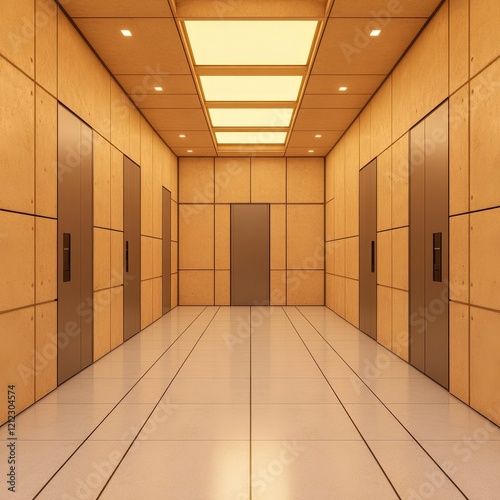 A modern elevator lobby with smooth walls and bright lighting.