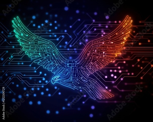 A stylized eagle made of circuit patterns, symbolizing technology and innovation.