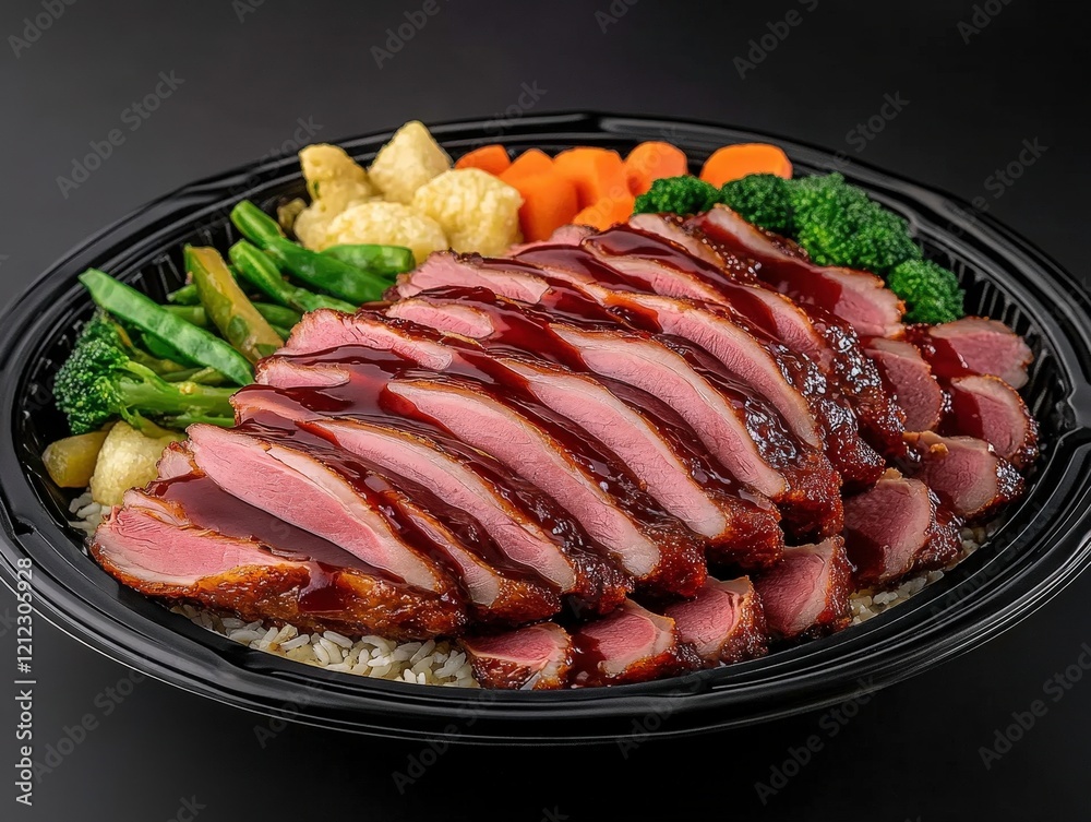 A platter featuring sliced duck with vegetables and rice, showcasing a delicious meal. A platter featuring sliced duck with vegetables and rice, showcasing a delicious meal.
