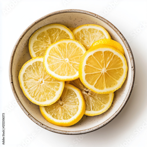 A bowl of sliced lemons on a white background, top view