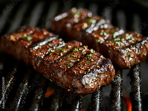 Coarse black pepper seasons sizzling steak on the grill for a flavorful char photo