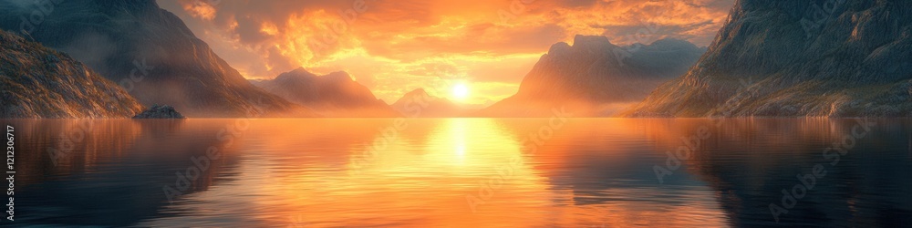 Naklejka premium Sunset Serenity over Norwegian Fjords, vibrant orange sky reflecting on tranquil waters, towering cliffs creating a breathtaking landscape.