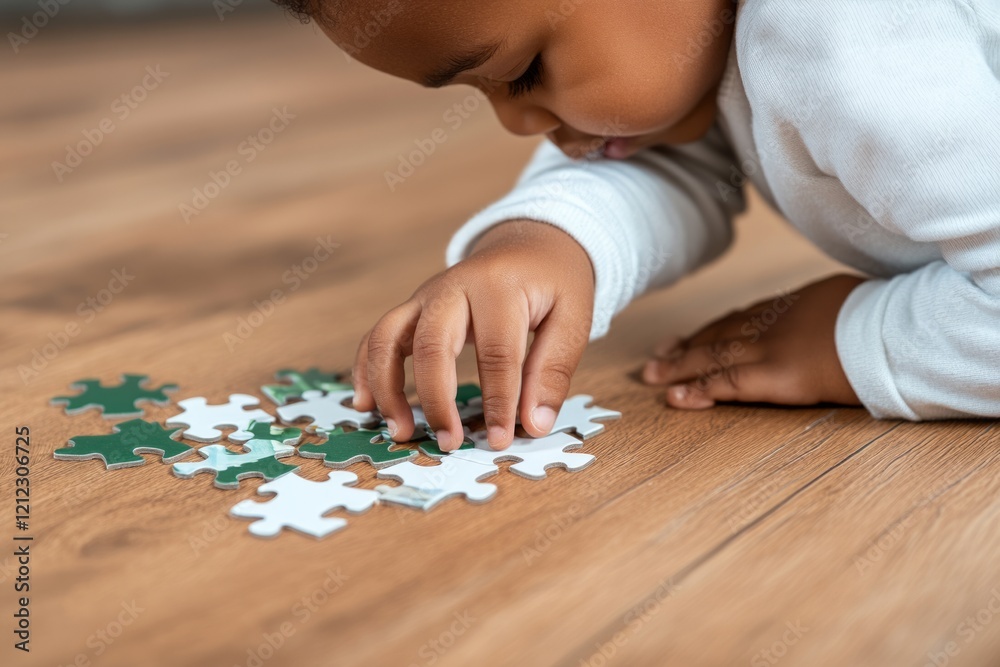 Young child concentrating on fitting puzzle pieces together, enhancing cognitive skills and hand coordination while playing on hardwood surface