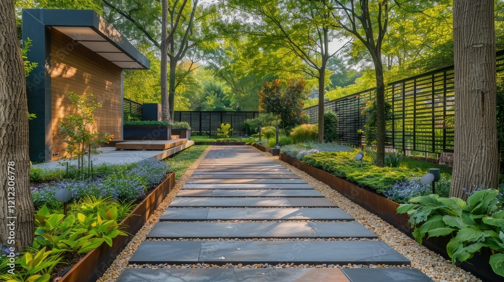 Outdoor minimalist garden with sleek, geometric pathways Outdoor minimalist garden with sleek, geometric pathways