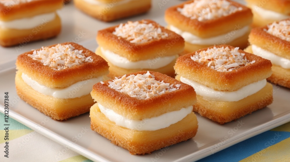 A plate of layered dessert squares topped with shredded coconut and cream filling. A plate of layered dessert squares topped with shredded coconut and cream filling.