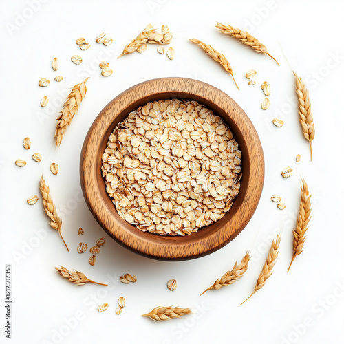 Oats in a wooden bowl on a white background with wheat ears around, top view