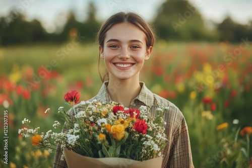Smiling young woman holding colorful wildflower bouquet, standing amid blooming poppy field under bright summer sunshine, radiating pure joy