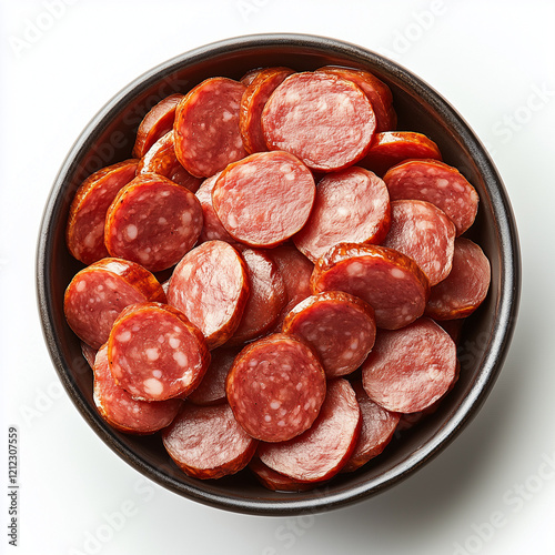 A bowl of sliced pepperoni on a white background, viewed from above