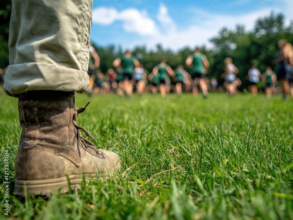 A rugged boot stands in a grassy field, with a blurred group of athletes in the background, engaged in a training session under a clear sky. A rugged boot stands in a grassy field, with a blurred group of athletes in the background, engaged in a training session under a clear sky.