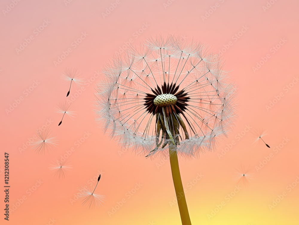 Fototapeta premium A close-up of a dandelion puffball with seeds dispersing against a soft gradient background.