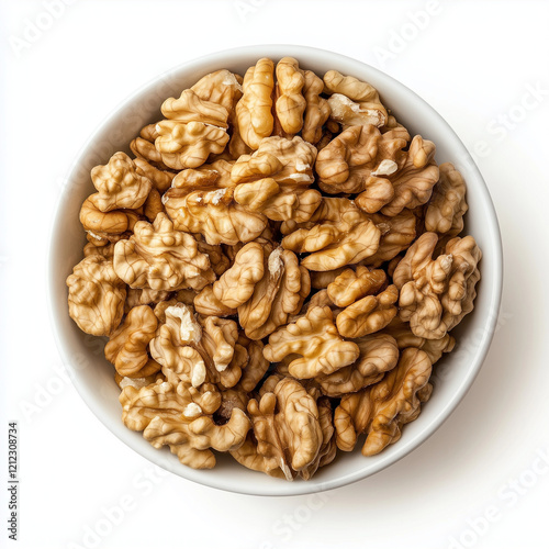 A bowl of walnuts against a white background, top view