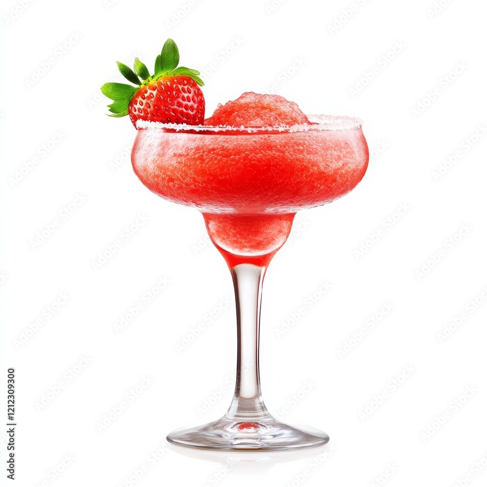 A vibrant strawberry daiquiri with a perfectly blended, slushy texture and a fresh strawberry garnish on the rim, served in a curvy daiquiri glass A vibrant strawberry daiquiri with a perfectly blended, slushy texture and a fresh strawberry garnish on the rim, served in a curvy daiquiri glass
