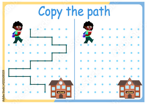 activities for children. Copy the path. Logic games for children. Vector illustration. The book is square format.children, school people
