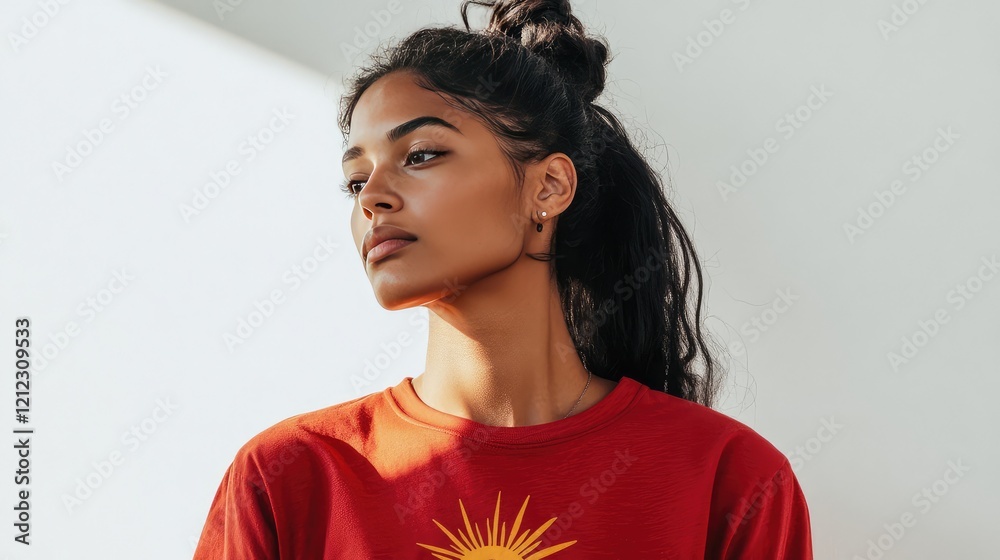Woman in red shirt stares serenely at sun graphic on white backdrop Woman in red shirt stares serenely at sun graphic on white backdrop