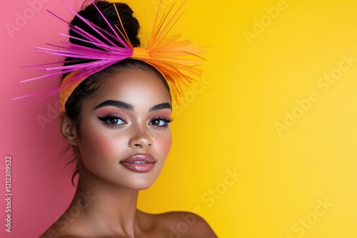 A chic model poses confidently with playful colors and a vibrant headpiece, merging fashion with expressive art in a captivating and joyful portrait. photo