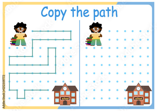 activities for children. Copy the path. Logic games for children. Vector illustration. The book is square format.children, school people