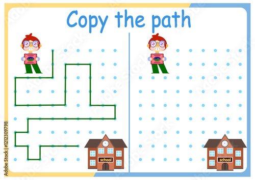 activities for children. Copy the path. Logic games for children. Vector illustration. The book is square format.children, school people