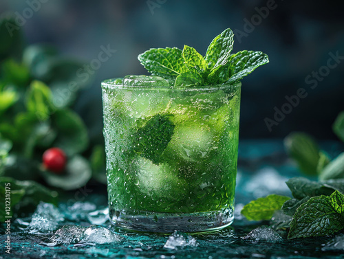 Refreshing green mojito cocktail garnished with mint leaves on a cool surface photo