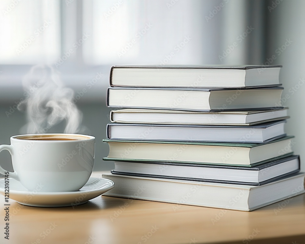Fototapeta premium A steaming cup of coffee beside a stack of books on a wooden table.