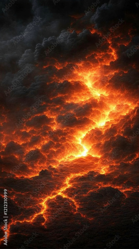 Fototapeta premium A dramatic depiction of dark clouds illuminated by fiery streaks of light.