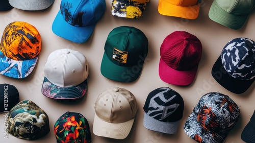 A variety of caps on display including snapbacks beanies and visors in various styles and colors