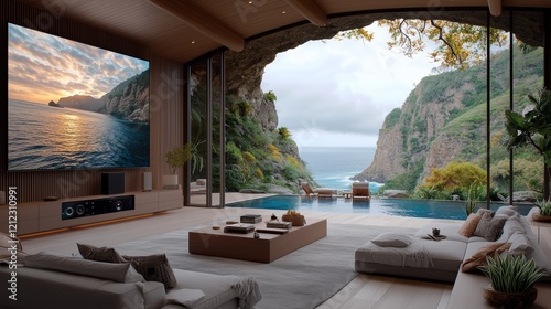 Modern Living Room Featuring a Large Screen Display as the Centerpiece of Technology